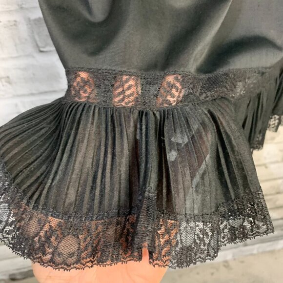 Vintage Babydoll Slip Dress Black Satin Sheer Lace Trim Ruffle Nightgown - Picture 4 of 13